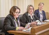 Mary Yackley sits at the testifiers' table and speaks to someone out of view. Kristine Wehrkamp and Representative Sandstede sit next to her and watch as she speaks.